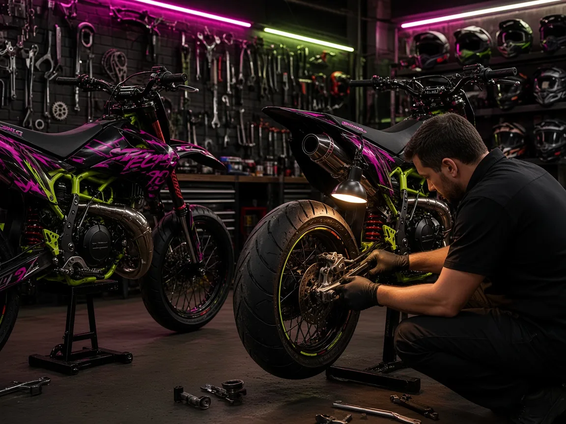Мастер Stunt Tech ставит тормоз на питбайк в мастерской